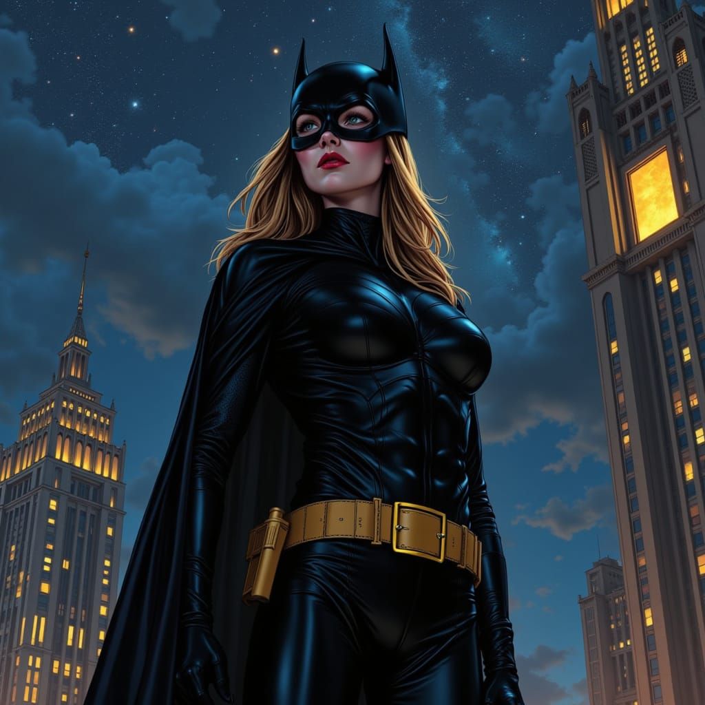 Batwoman on Gotham Rooftop in Ornate Art Nouveau Style