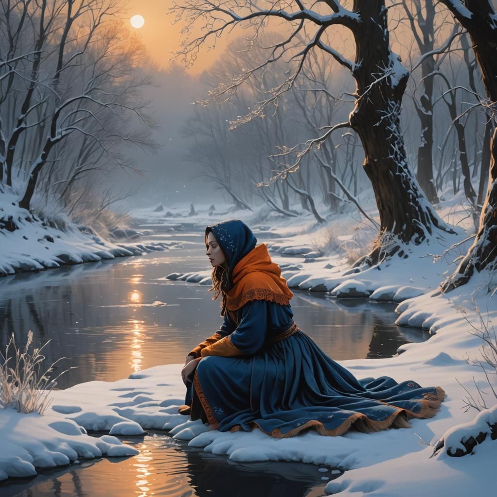 Girl on Snowy Riverbank in Deep Color Matte Painting