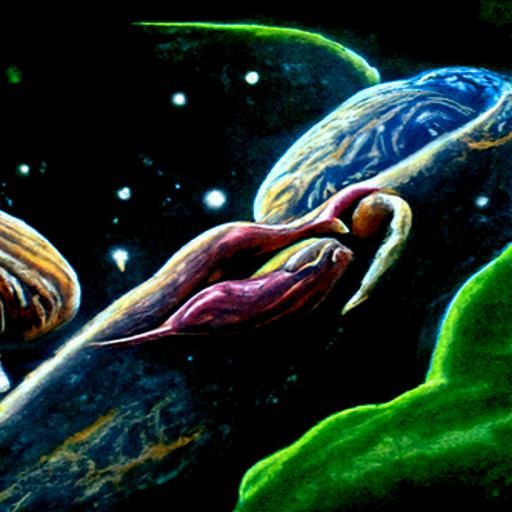 Archillean Lovers Embrace in Space: Detailed Painting
