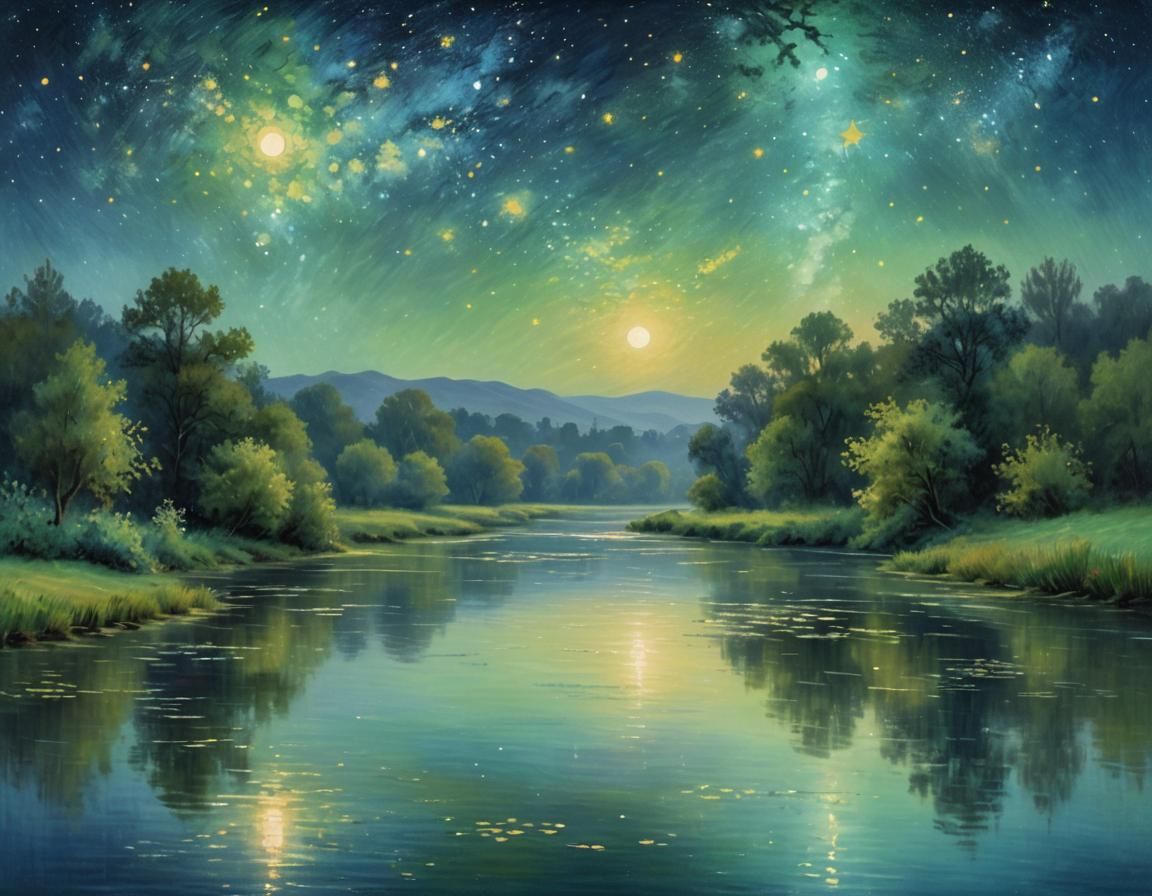 Impressionistic River Under Starry Night Sky