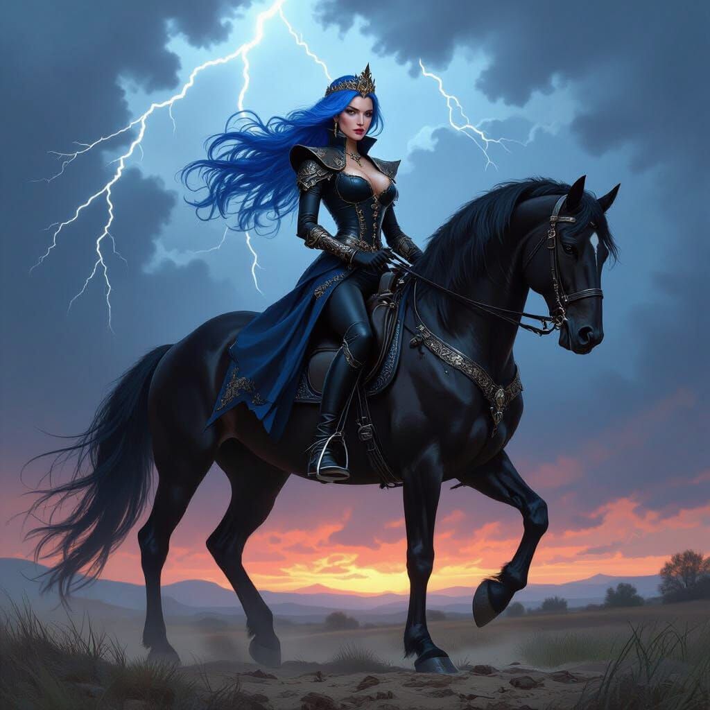 Cruel Queen on Black Stallion Under Stormy Sky