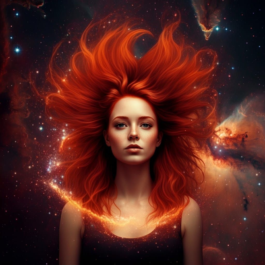 Confident Redhead Soars in Cosmic Aura
