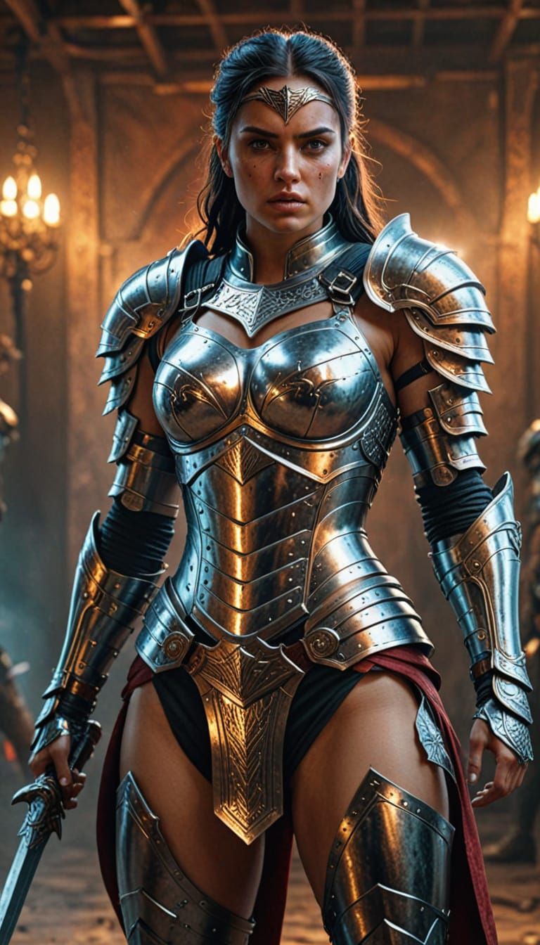 Warrior Woman in Metallic Armor: Hyper-Realistic Digital Art