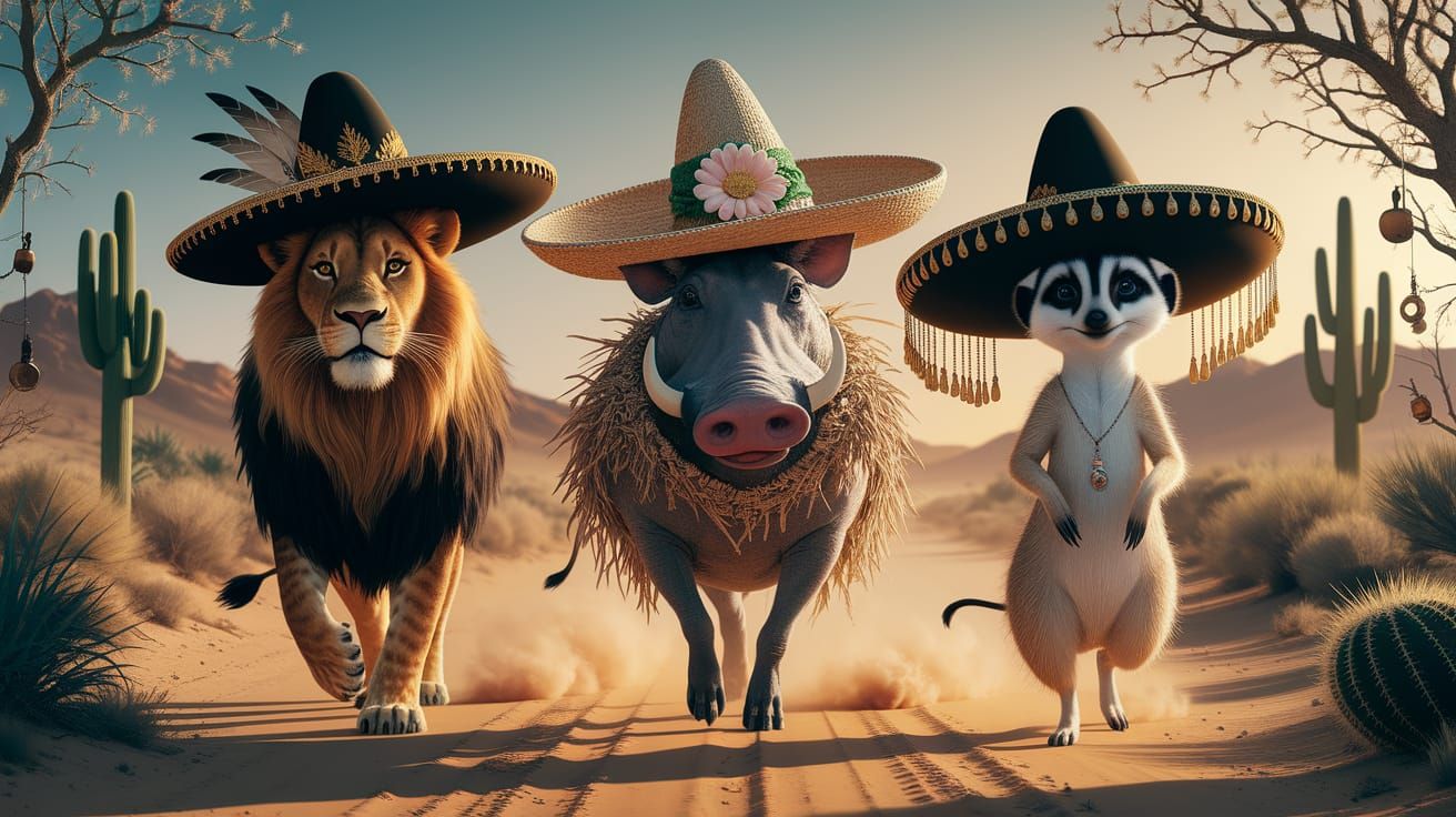 Whimsical Desert Walk with Sombrero Animals