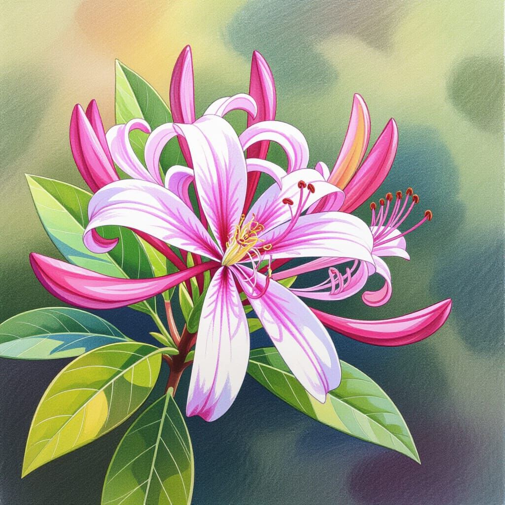 Colorful Pencil Drawing of a Honeysuckle Flower