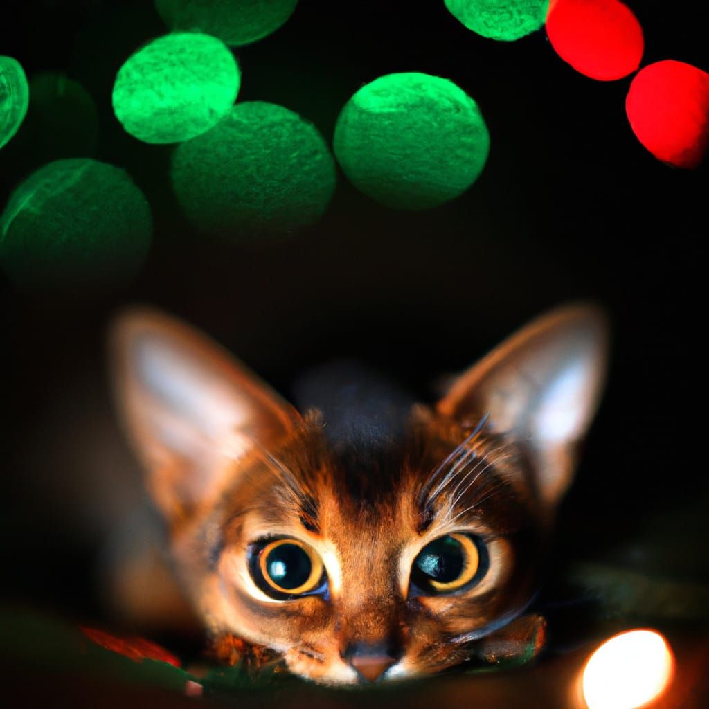 Cute Abyssinian Kitten in Christmas Bokeh