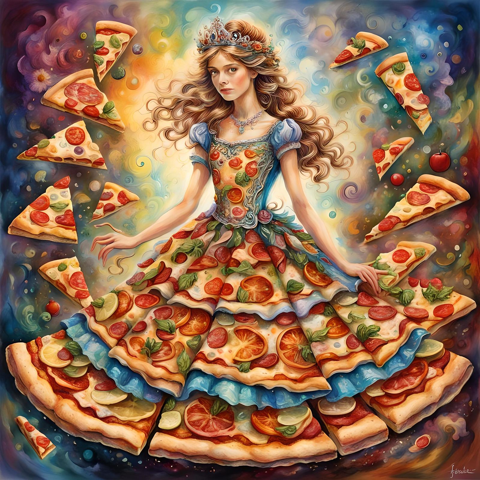 Princess in a Pizza Dress: Colorful Surreal Illustration