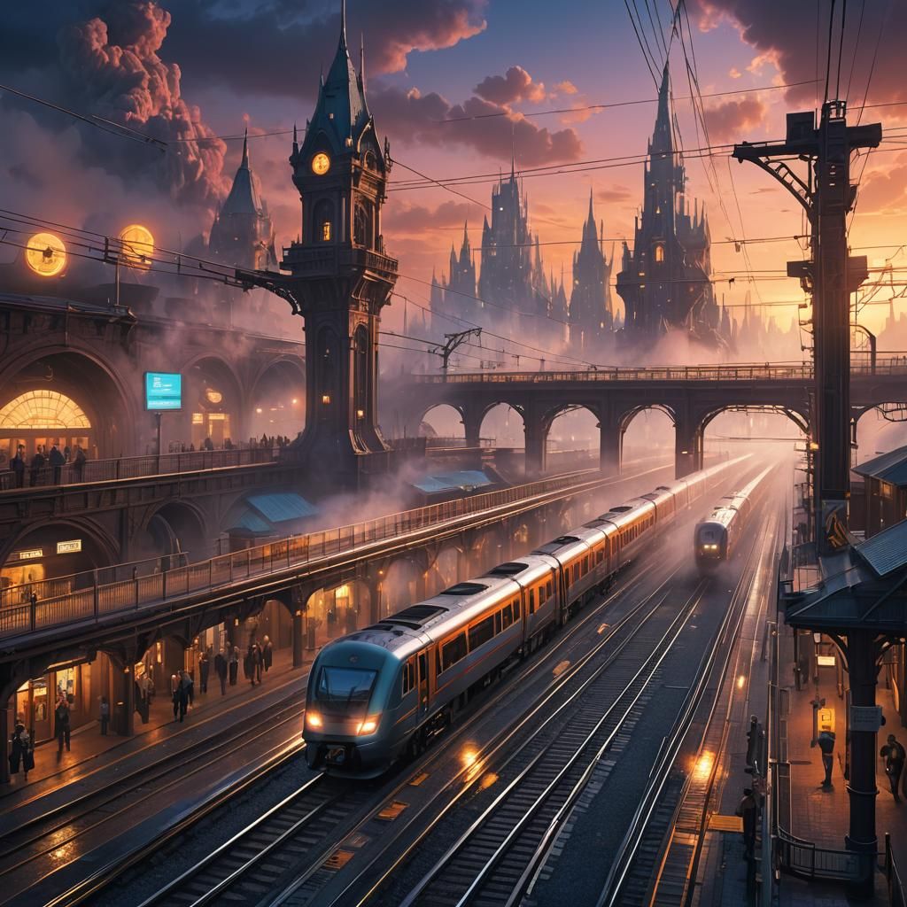 Monotrain Stops at Station in Science Fiction Matte Painting