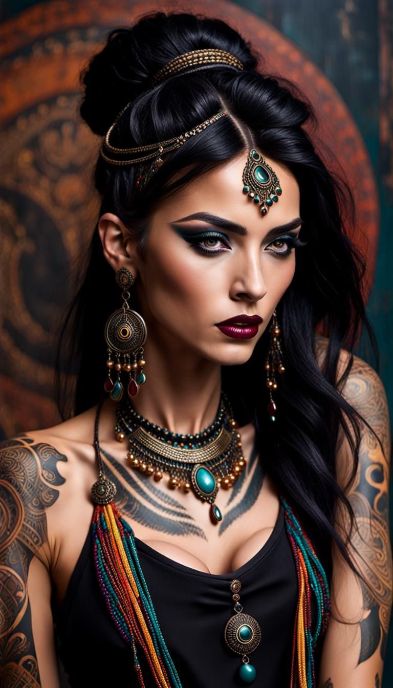 Tribal Bohemian Woman with Piercings in Gritty Fashion Photo...