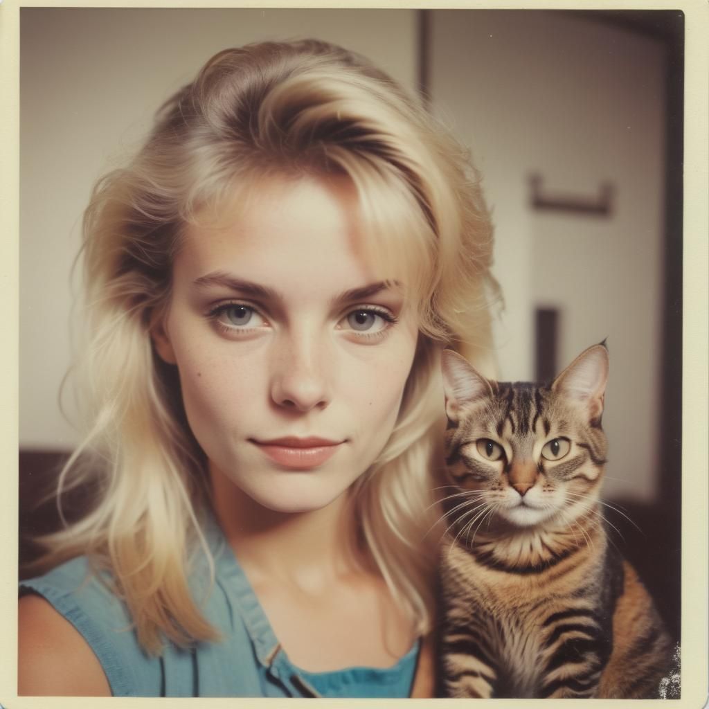 Vintage Polaroid Photo of Woman and Photobombing Cat