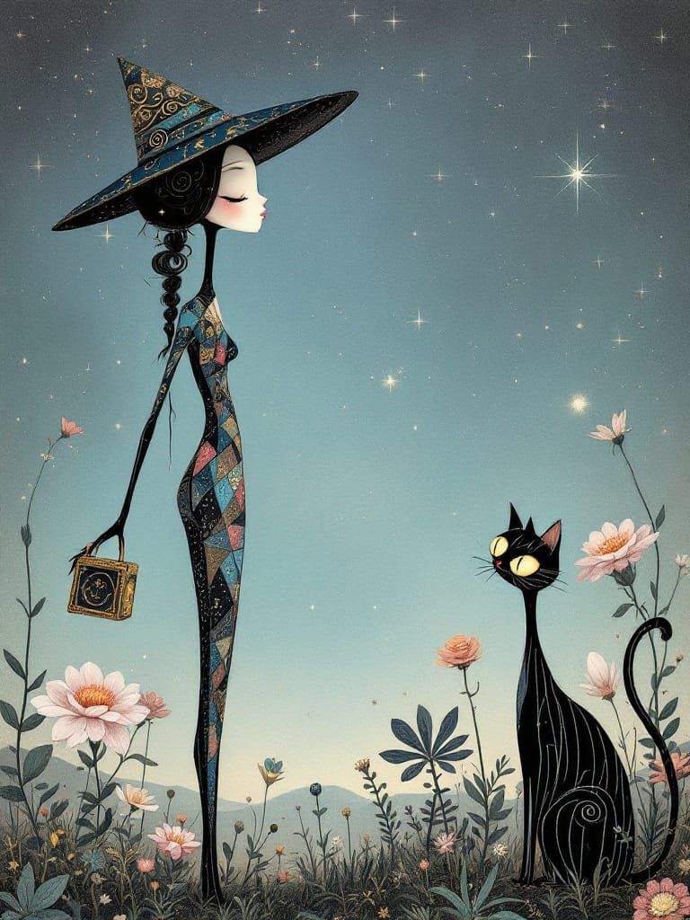 Dreamlike Woman with Cat Charcoal Illustration