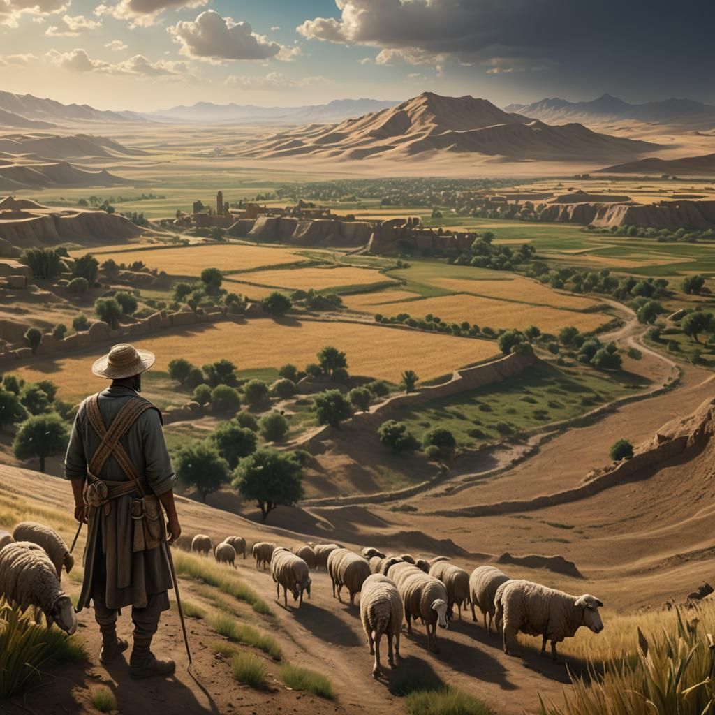 Mesopotamian Farmer in Fertile Crescent Landscape