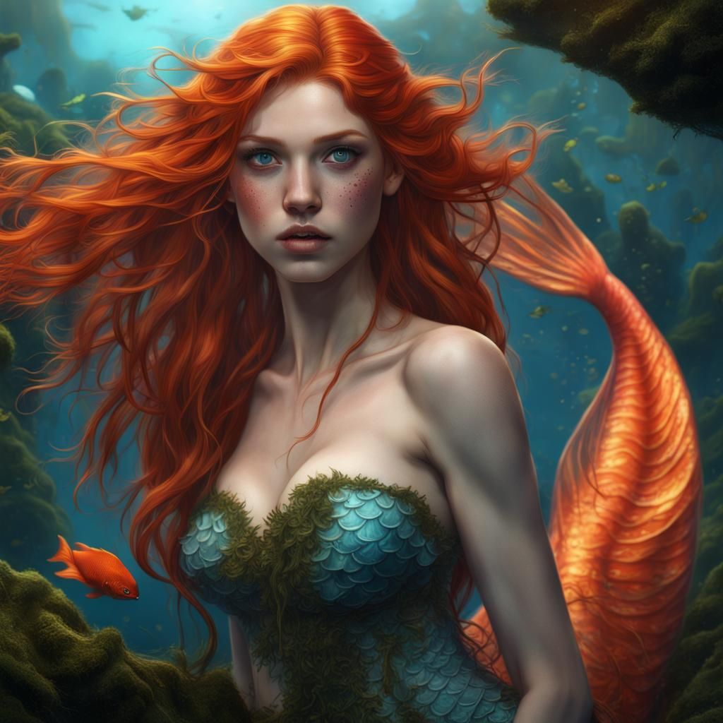 Red-Haired Mermaid with Orange Tail: Fantasy Art
