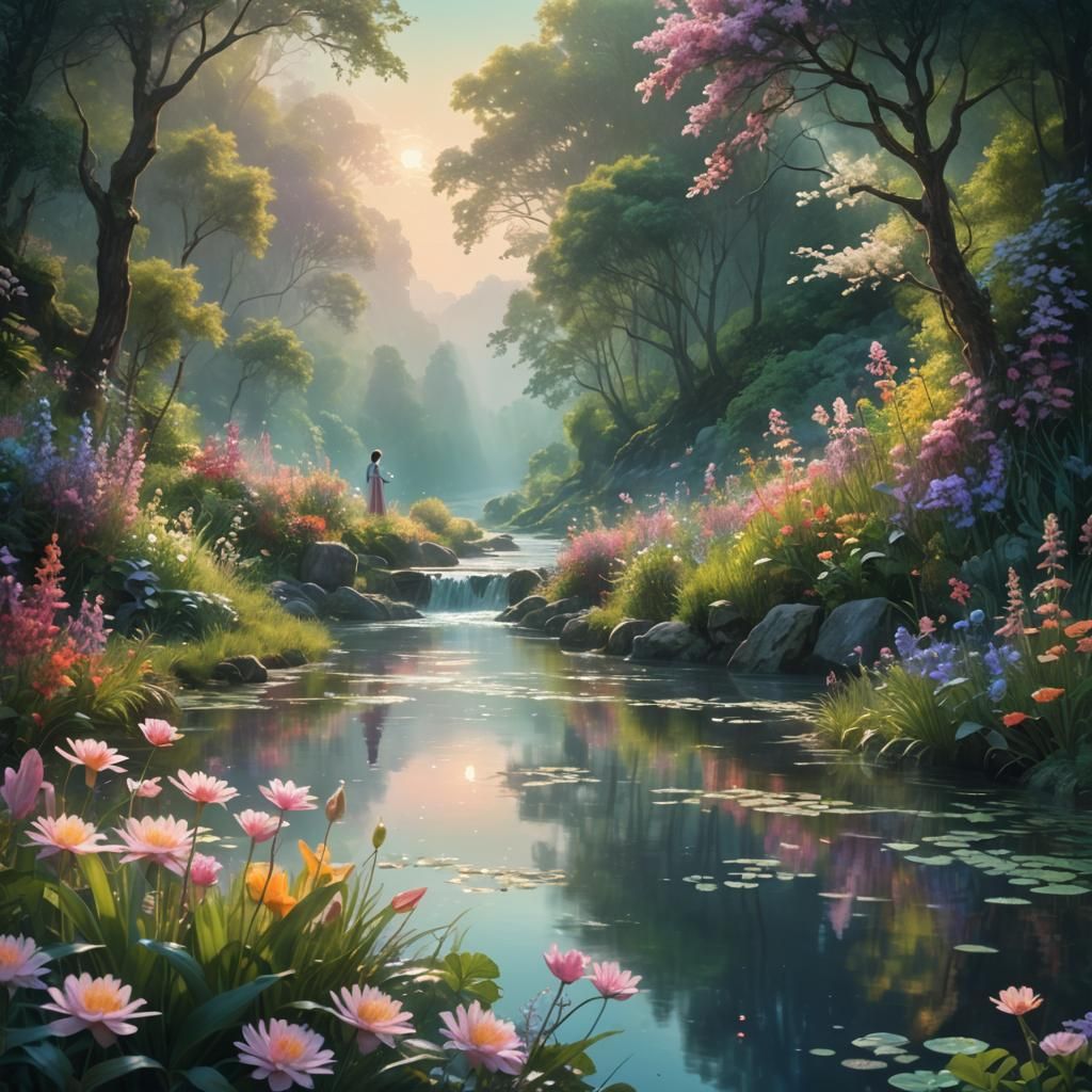 Dreamlike River Landscape with Luminous Figure