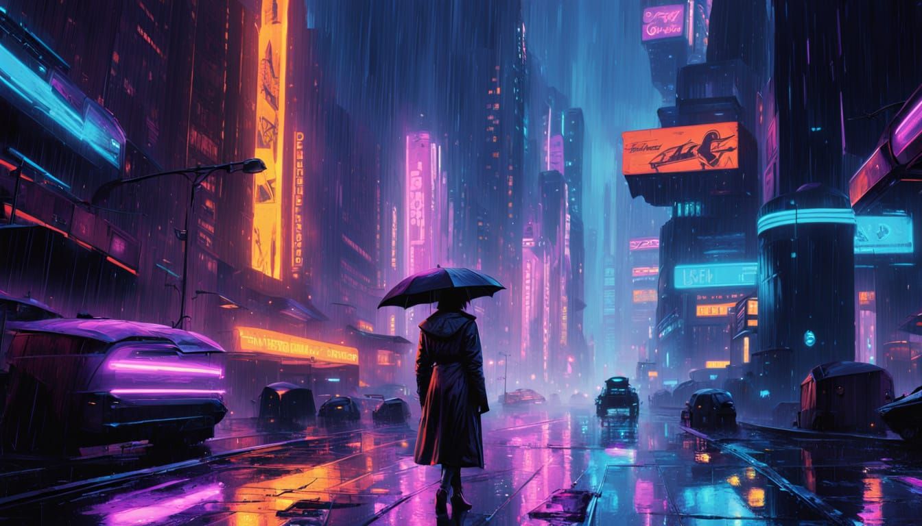 Cyberpunk Android Emerges into Neon-Rainy Cityscape