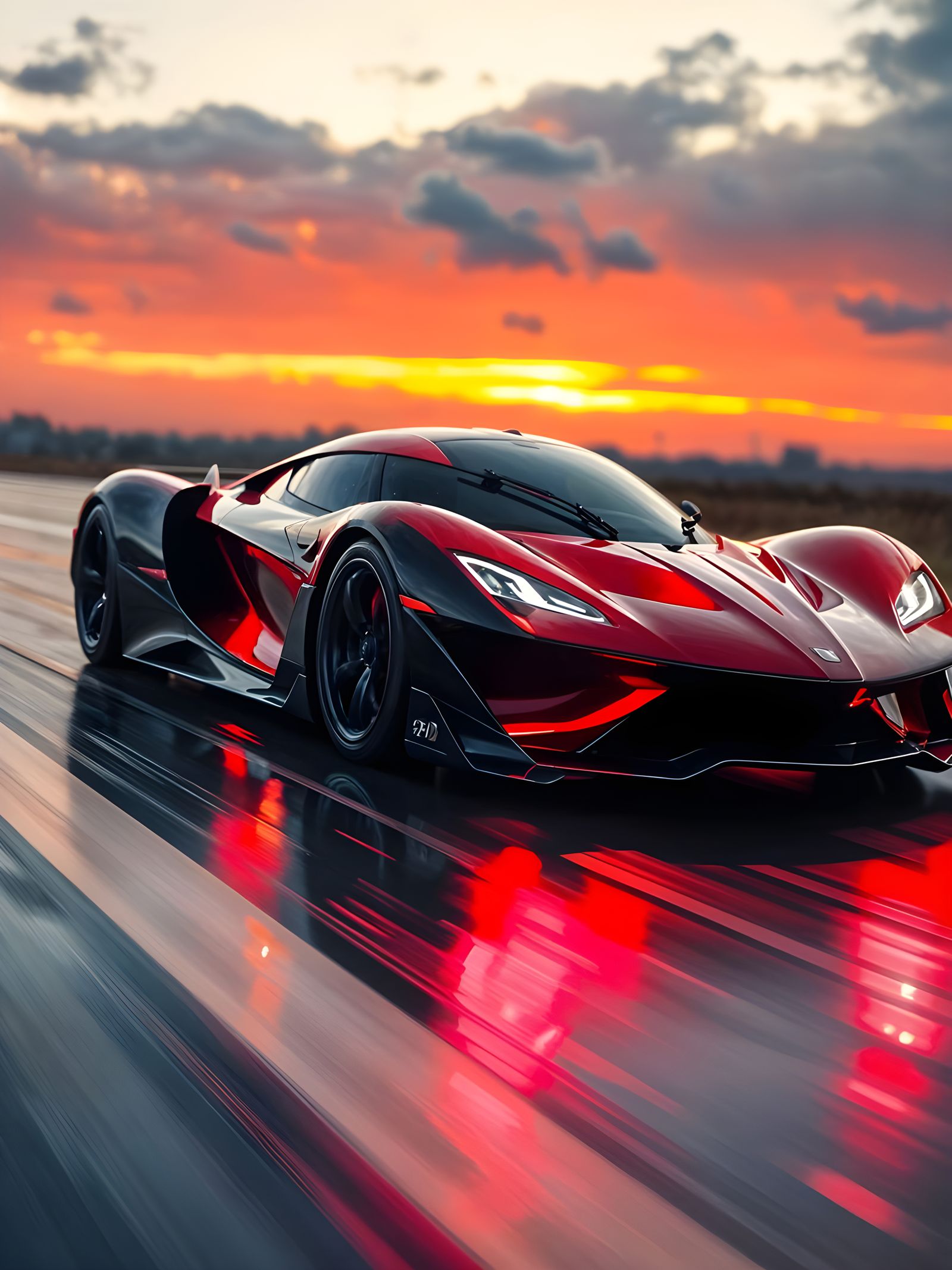 Futuristic Supercar Speeding on Highway at Sunset