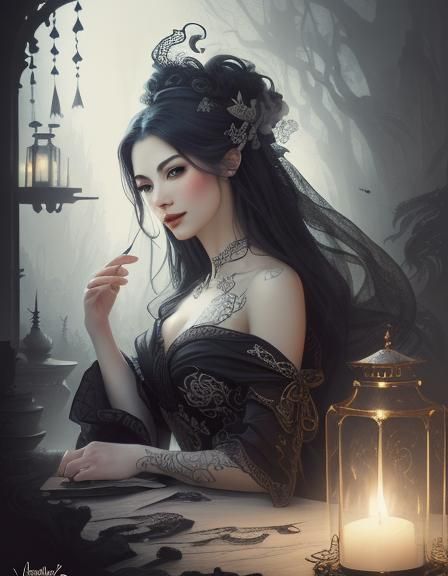 Ethereal Voodoo Portrait in Black and White Ink