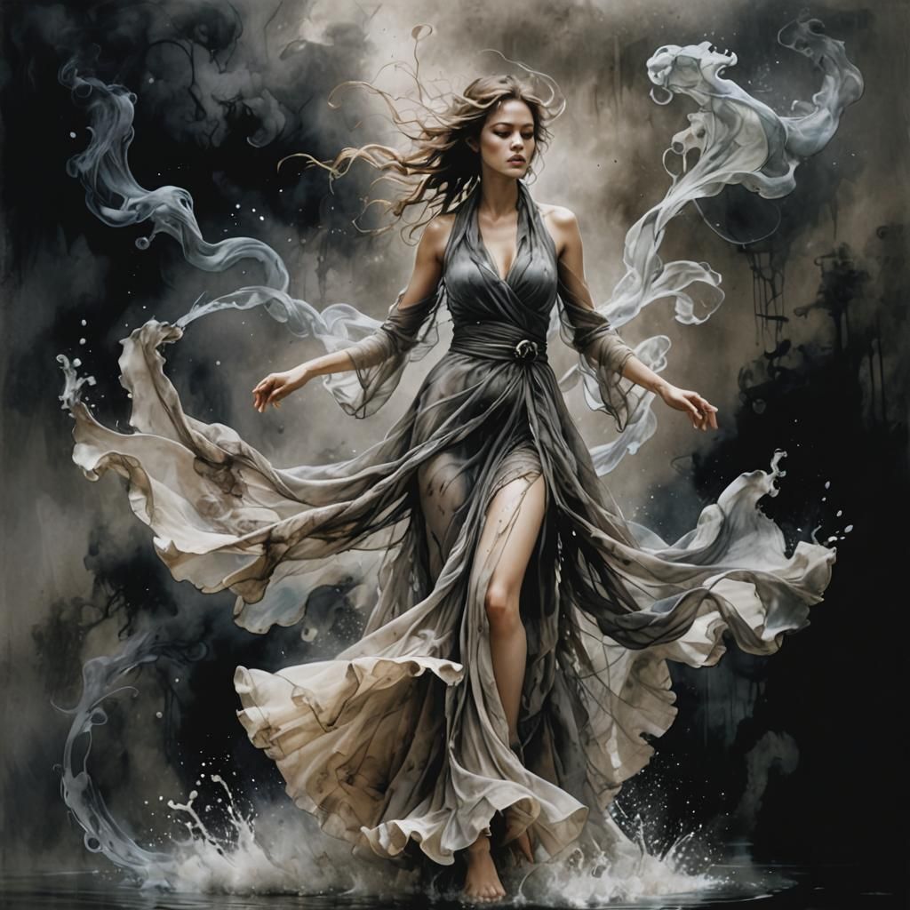Surreal Scarf Dress Dancing on Water in Watercolor