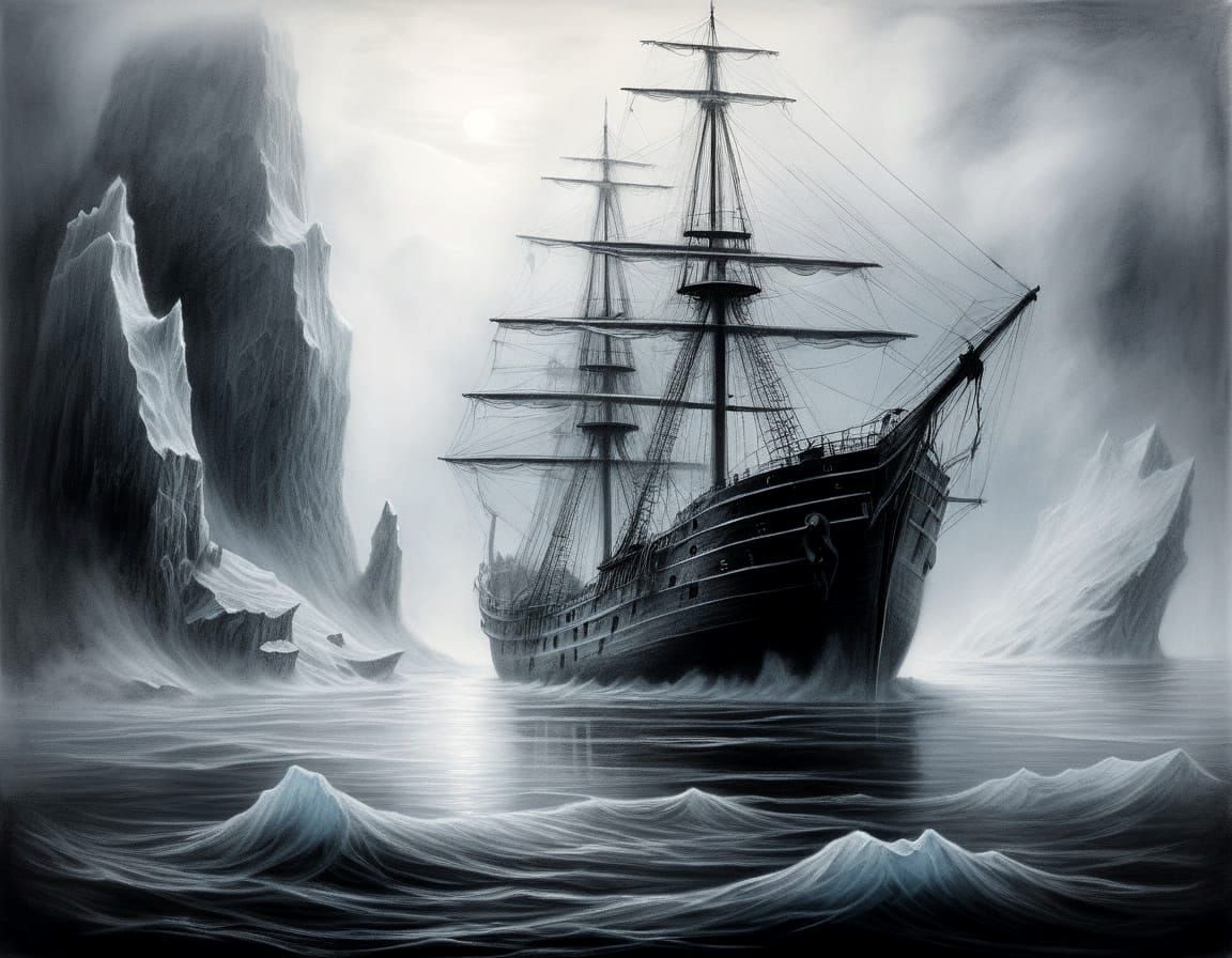 Ghost Ship Emerges from Fog: Hyperdetailed Charcoal Drawing