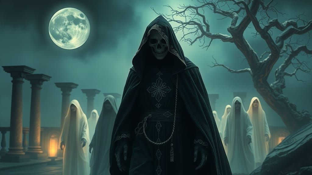 Reaper Guiding Souls Through Misty Landscape