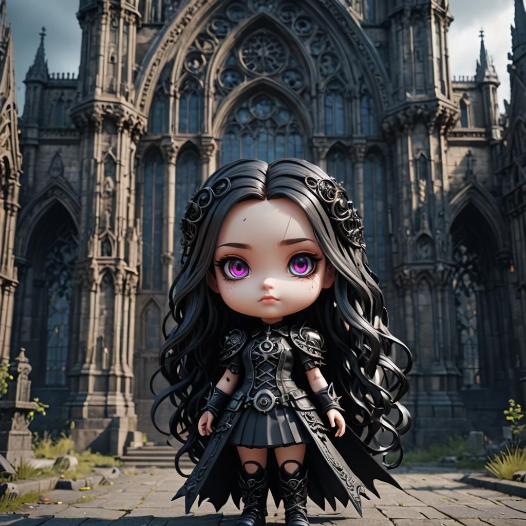 full chibi body wearing extreme goth fashion, beautiful chibi female, HDR, , large expressive vibrant eyes, extremely lo...