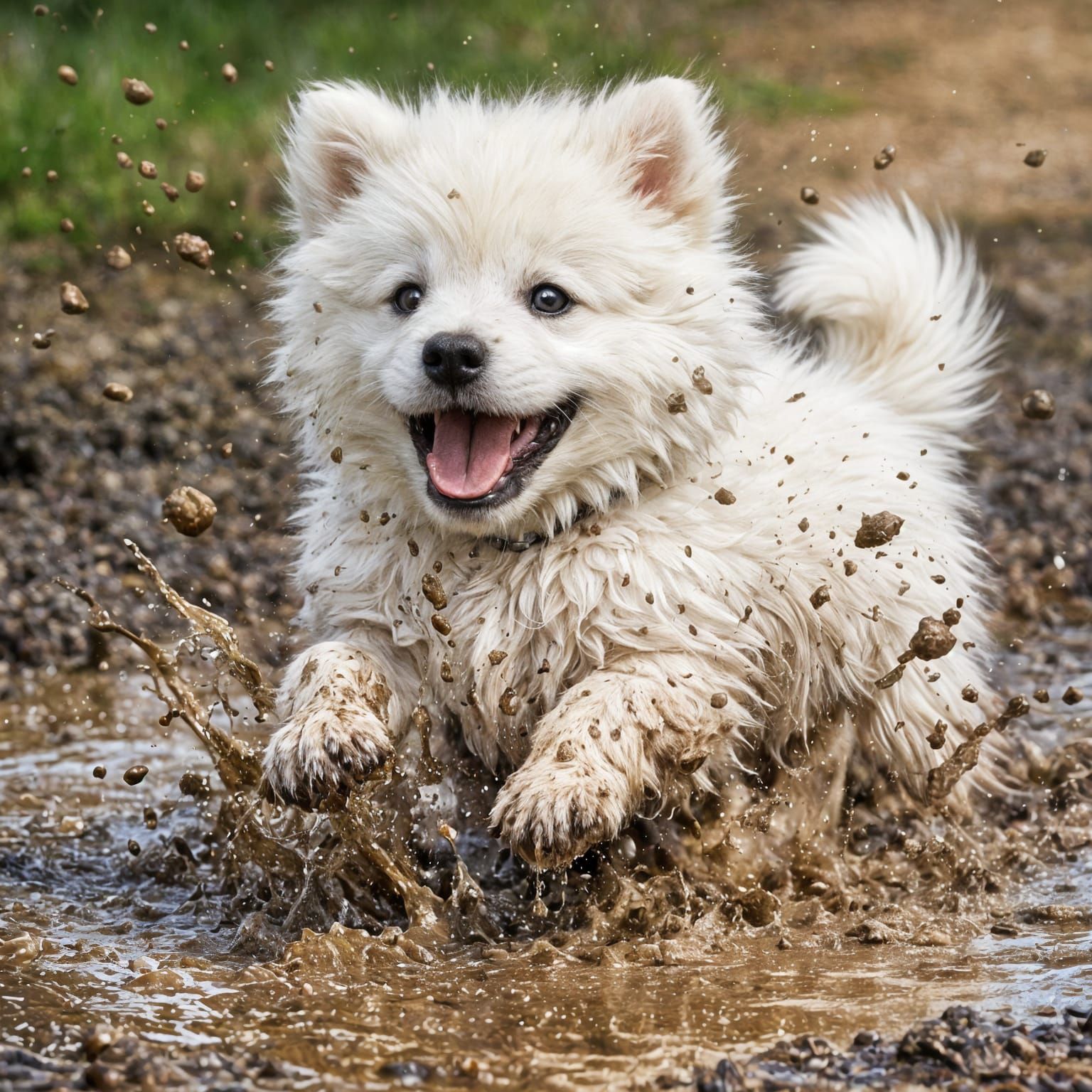 Playful White Puppy Frolicking in Muddy Puddle