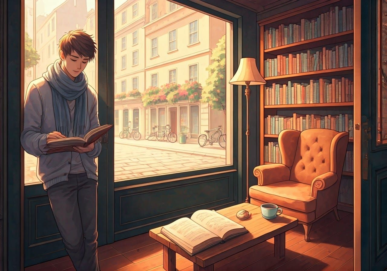 Cozy Bookshop Haven in Mixed Palette as Impasto Painting