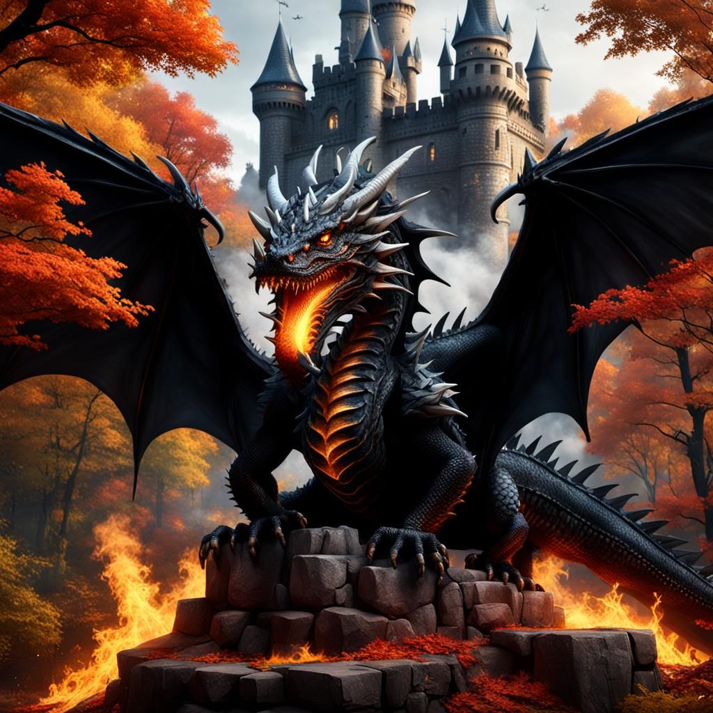 Black-Winged Crystal Dragon Burns Castle: Hyperrealistic Por...