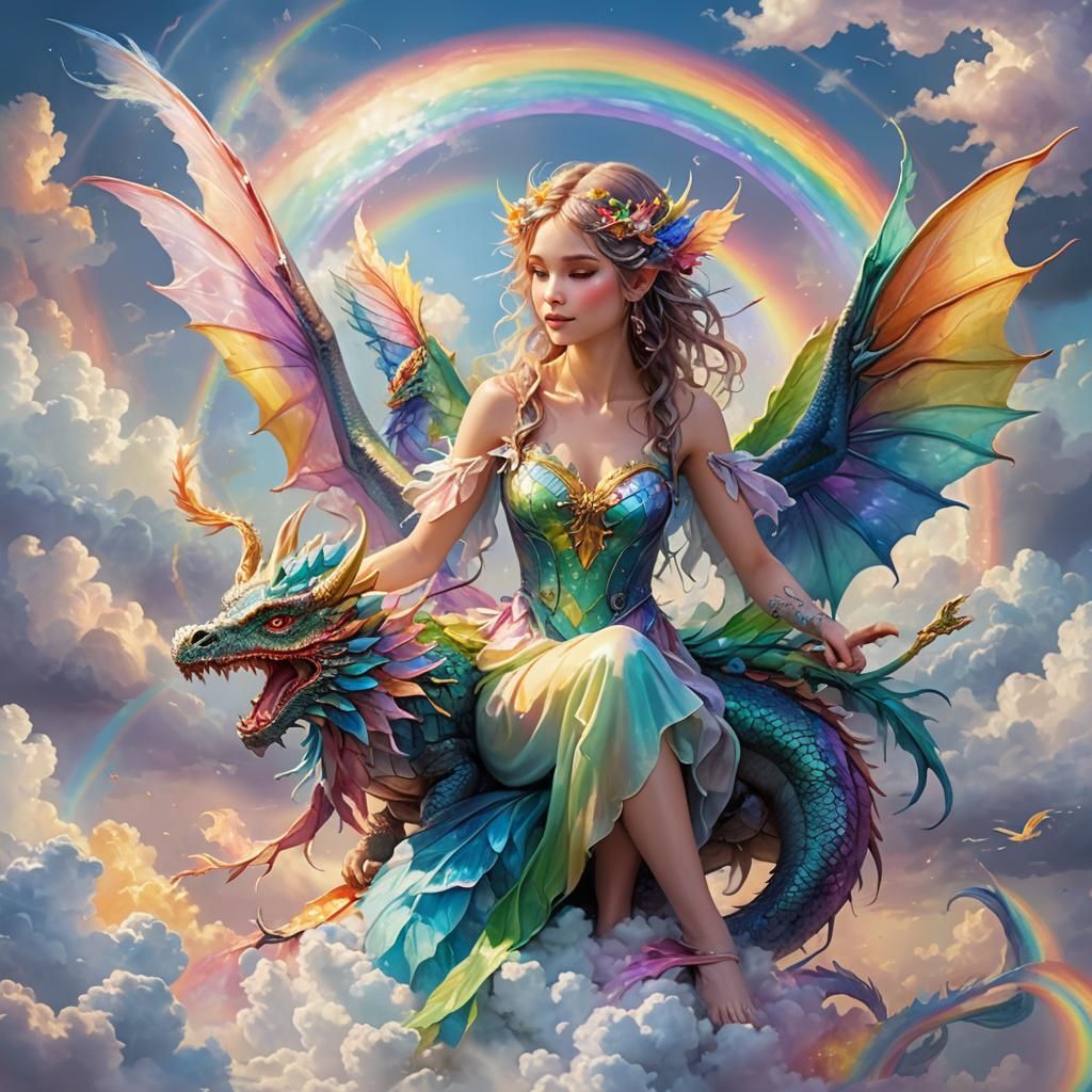 Fairy and Dragon in Rainbow Fantasy Art