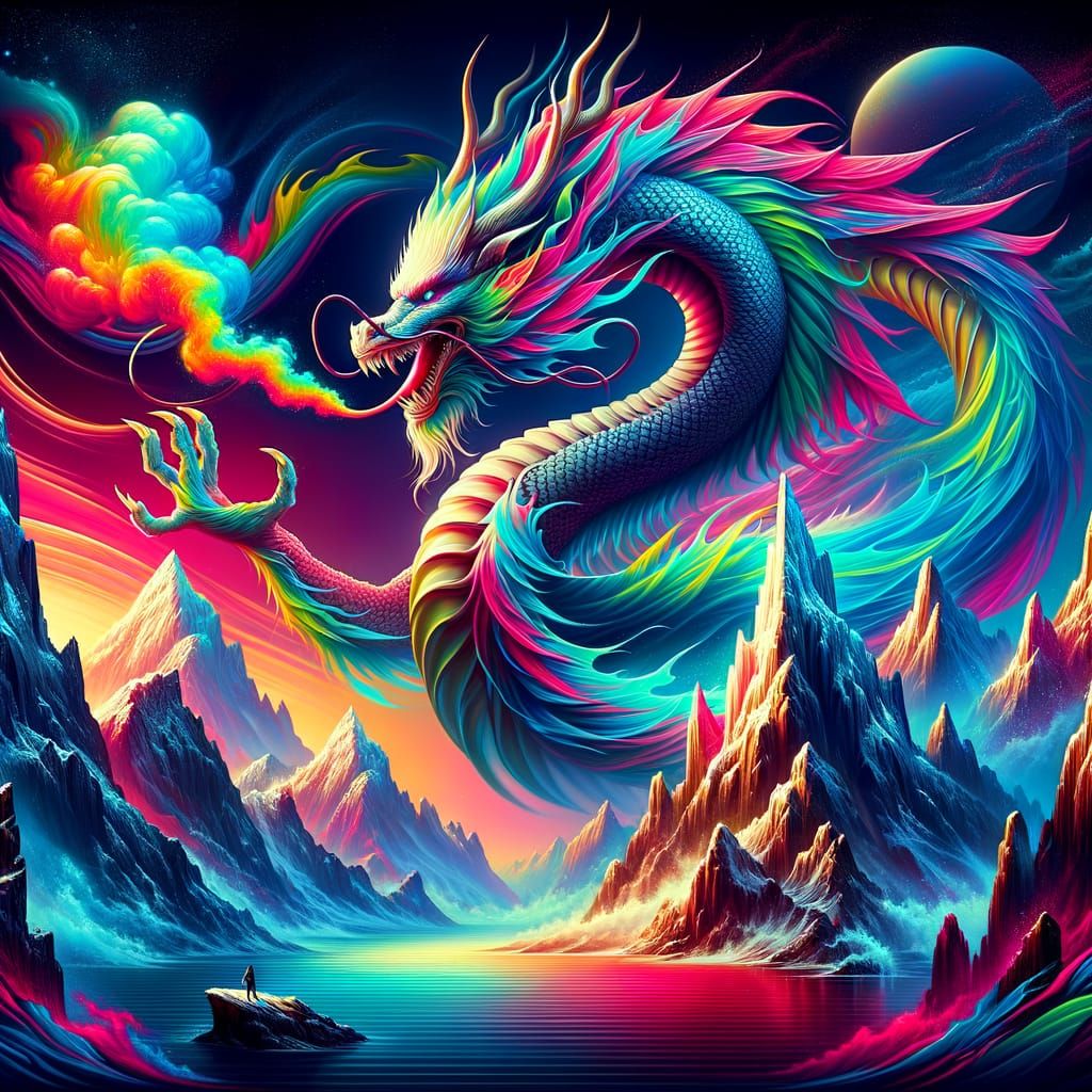 Surreal Dragon and Woman in Airbrush Style