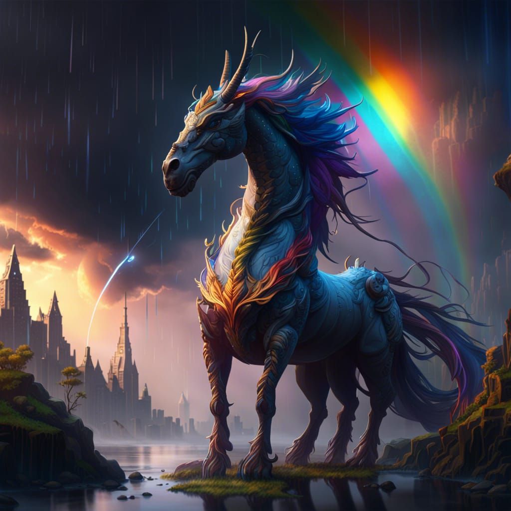 Fantastical Dragon and Unicorn Landscape in Detailed Matte P...