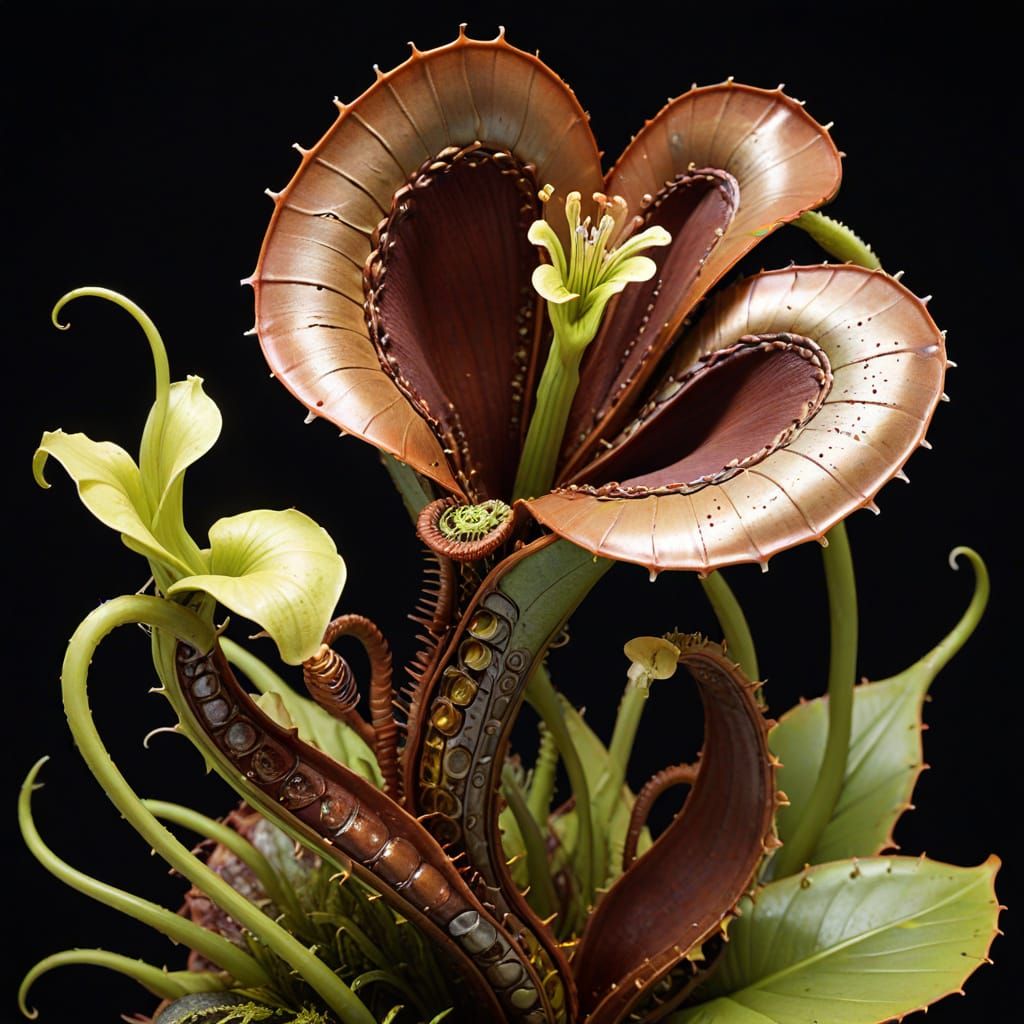 Surreal Biomechanical Serpent Entwines Metallic Bloom