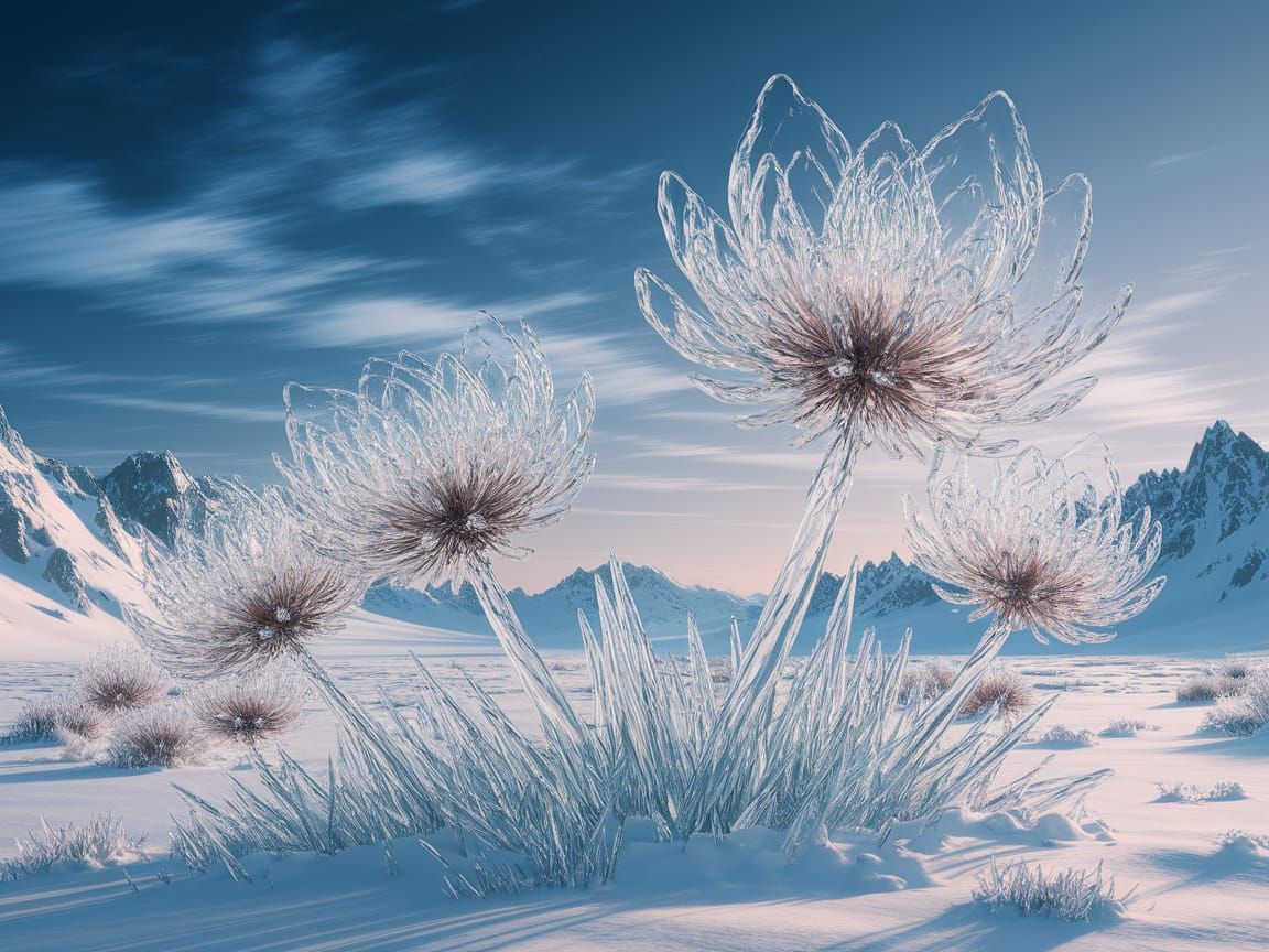 Ethereal Ice Flowers in Snowy Landscape Digital Painting
