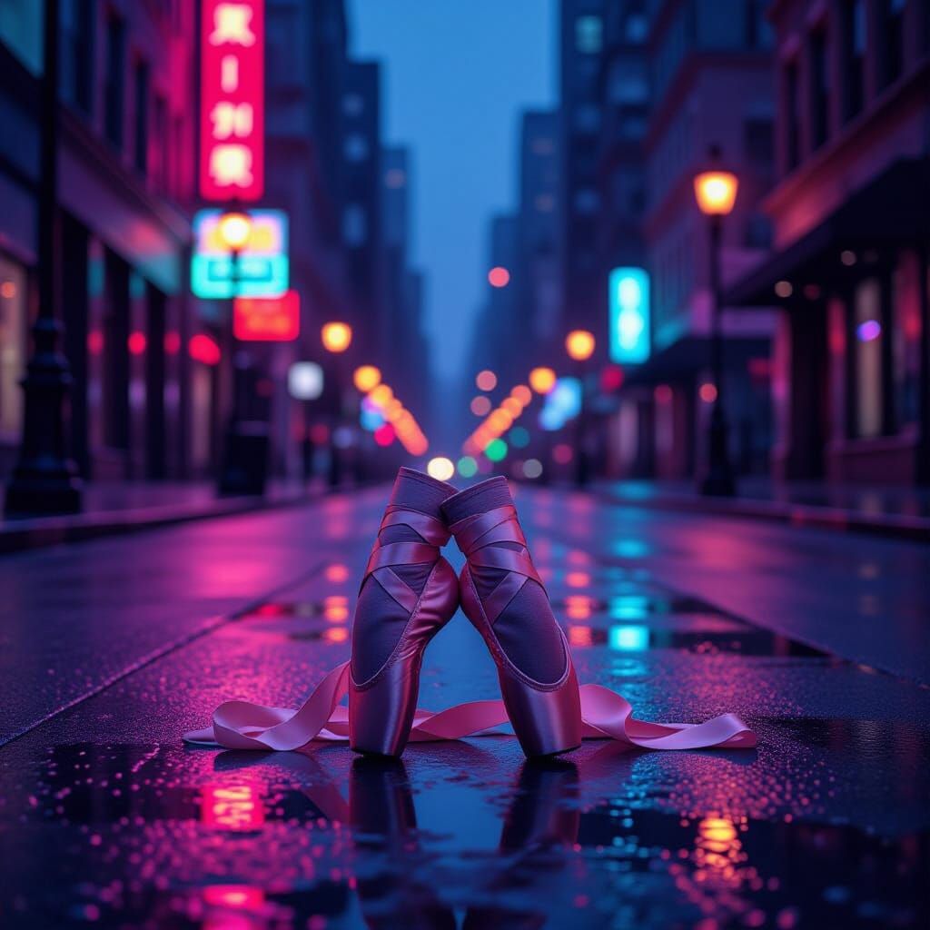 Ballet Pointe Shoes on Wet City Street at Dusk