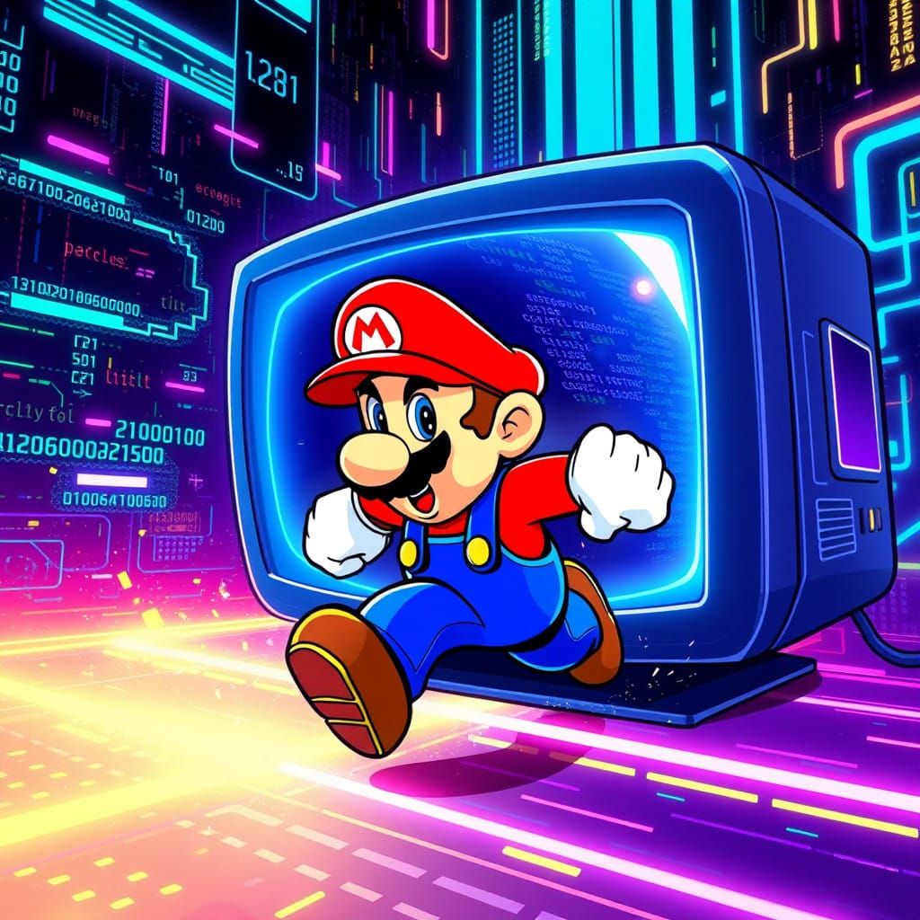 Futuristic Mario in Neon-Lit Cyberspace