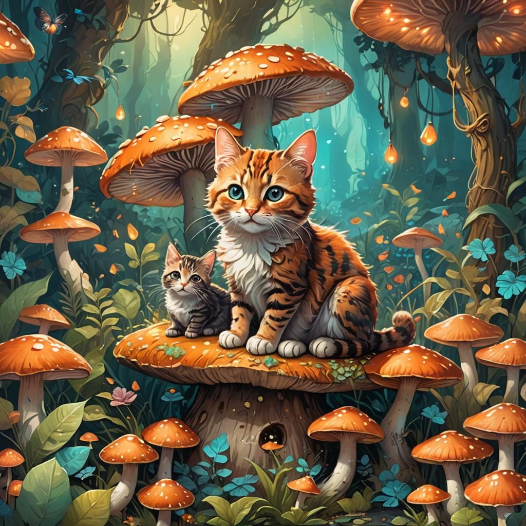 Cat and Baby on Mushroom in Whimsical Forest