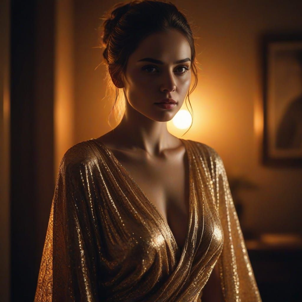 Woman in Dimly Lit Room with Glowing Eyes