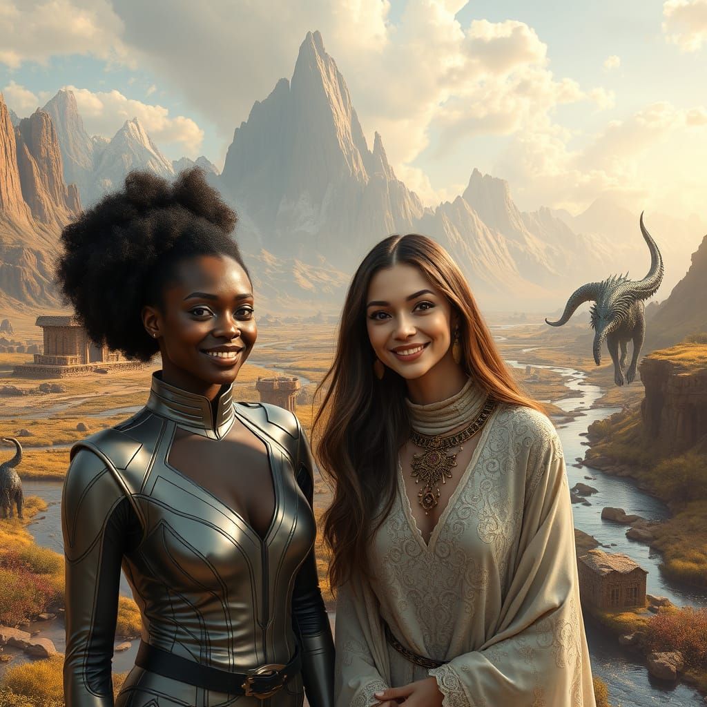 Ethereal Fantasy Landscape with Two Smiling Women