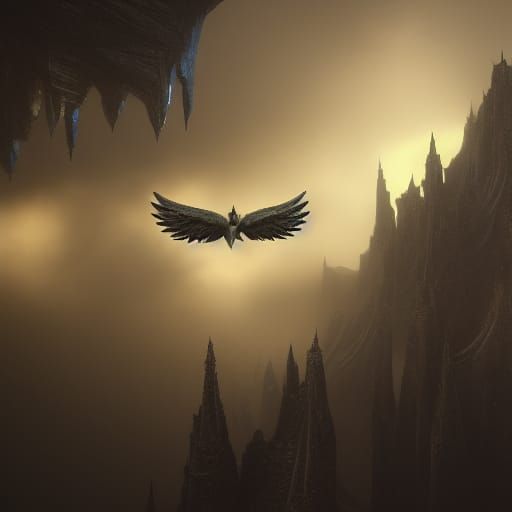 Winged Figures Descend from Foggy Sky