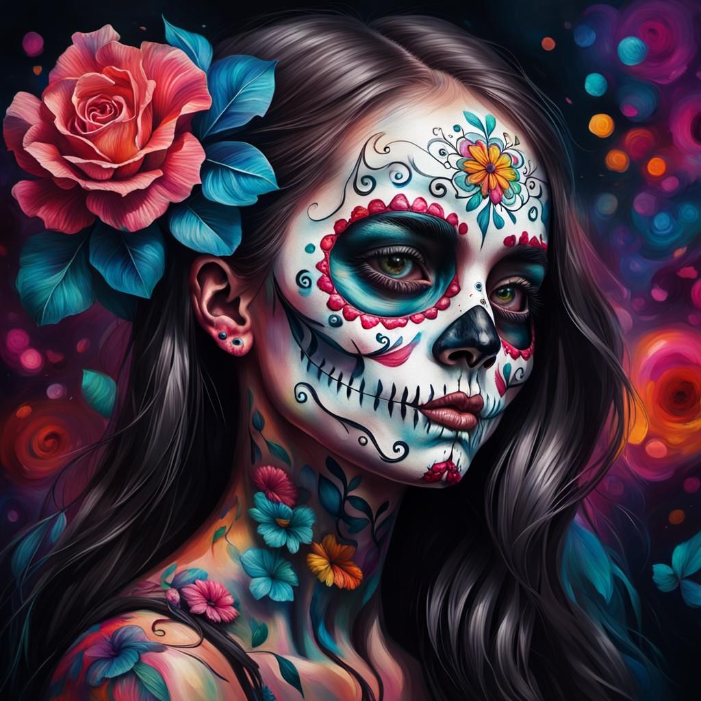 Hyperrealistic Catrina Portrait with Sugar Skull Face