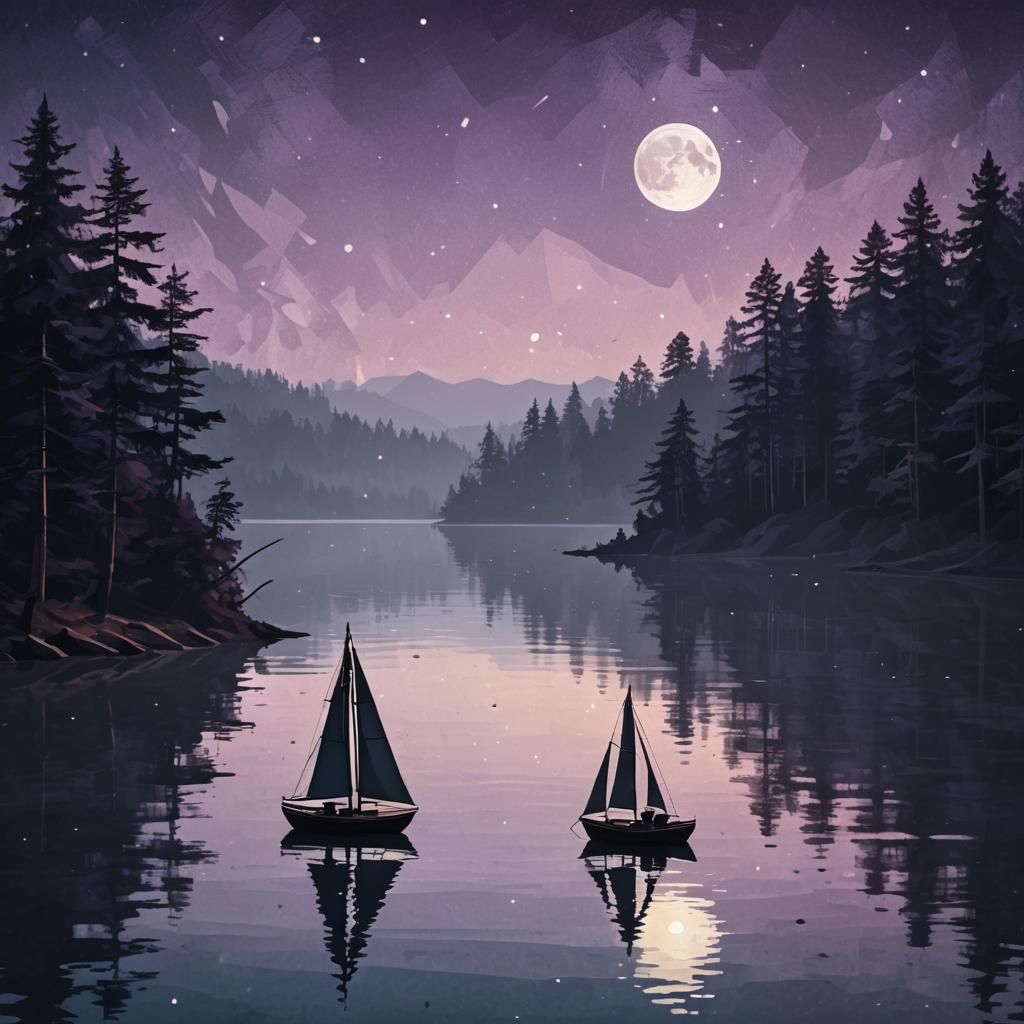 Small Boat on Moonlit Lake in Low-Poly Style