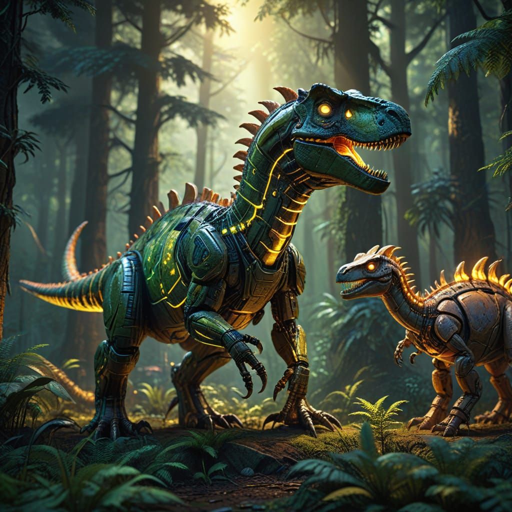 Dinosaurs and Robots in a Lush Forest: Hyper-Realistic Digit...