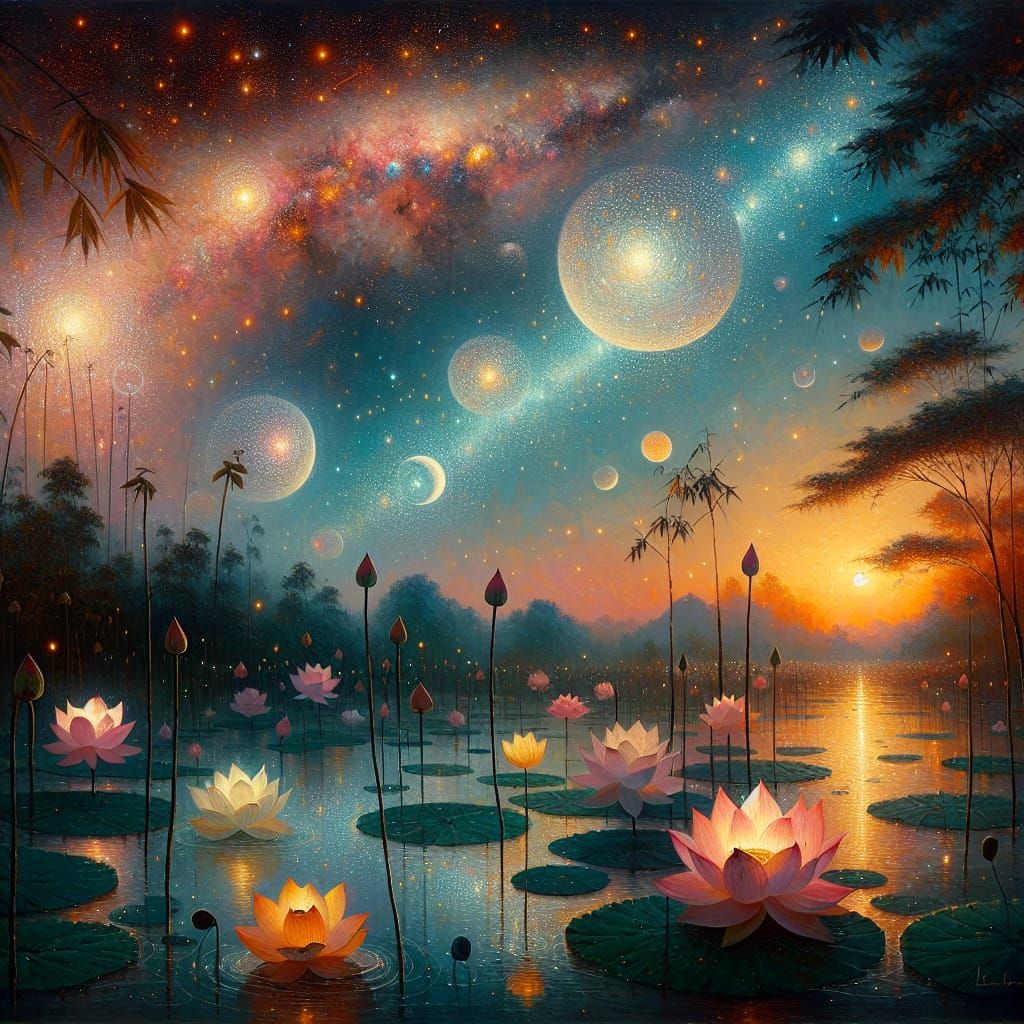 Luminous Lotus Pond in Vietnamese Oil Painting