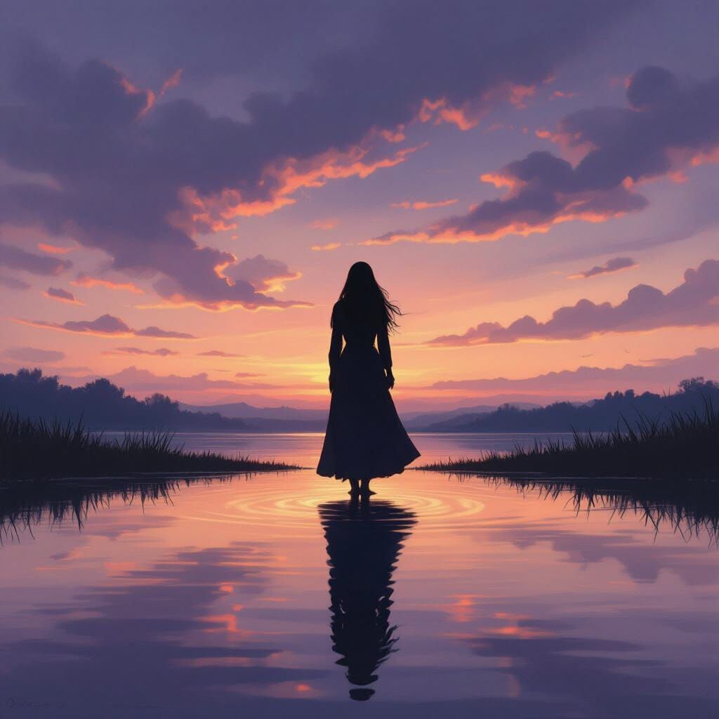 Woman by Lake at Twilight in Painterly Style