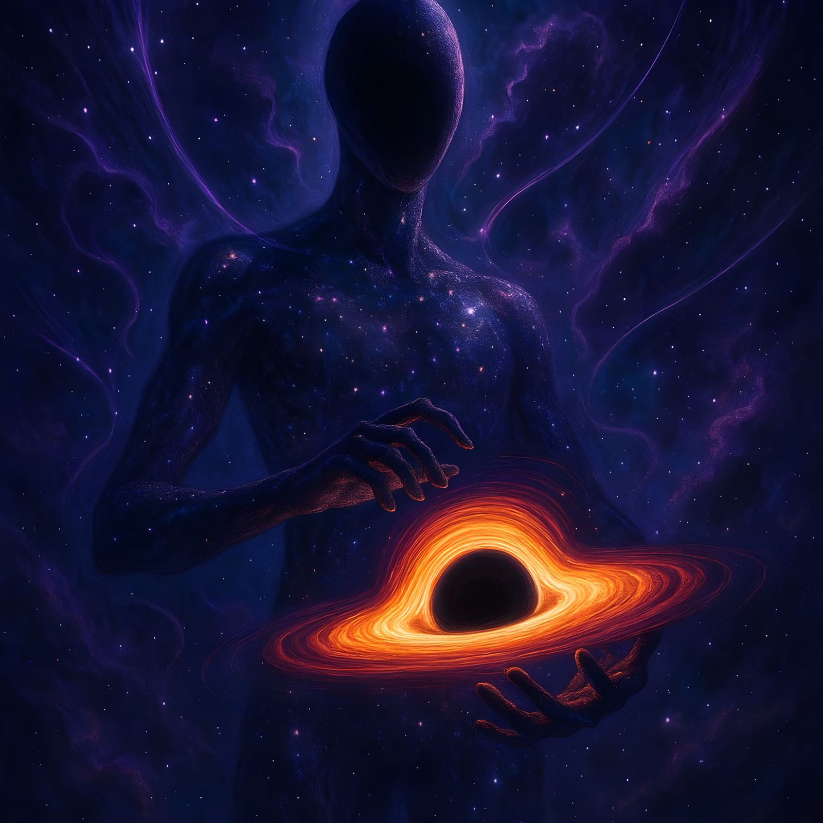 Cosmic Deity Holding Black Hole in Surreal Space
