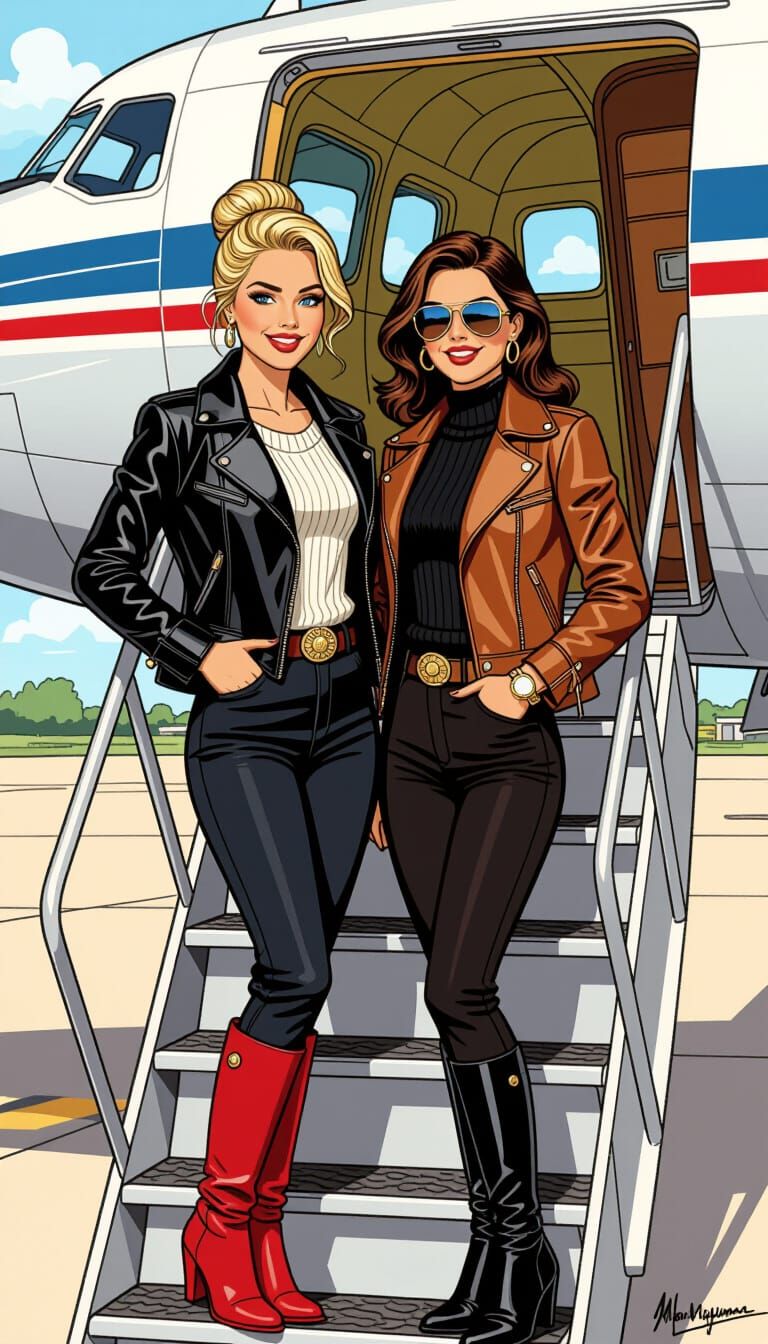 Beautiful Pilots on Vintage Airliner, Comic Book Art