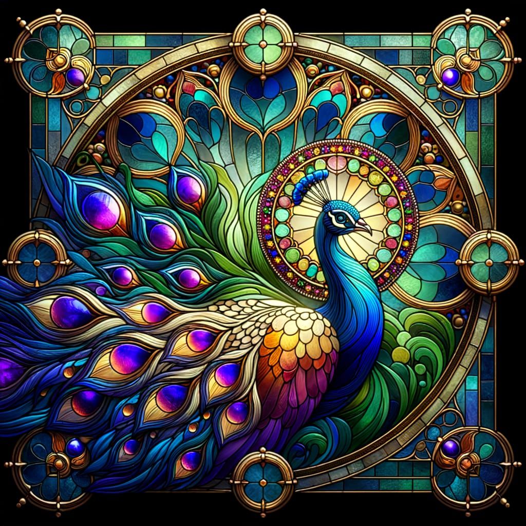 Gothic Stained Glass Peacock Portrait in Jewel Tones