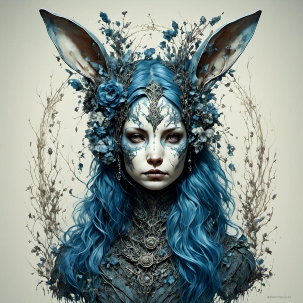 Steampunk Anthro Blue Bunny Portrait in Gothic Style