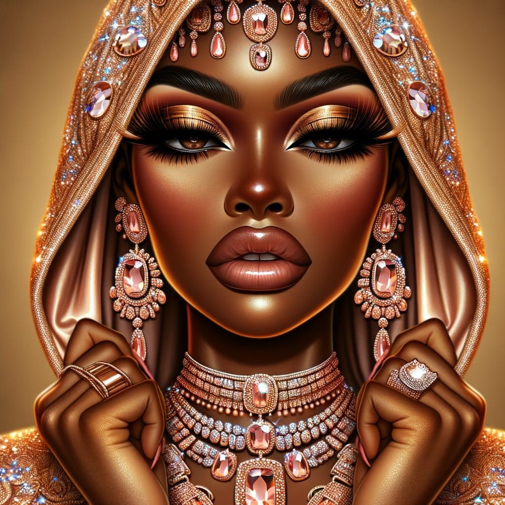 Rose Gold Elegance: Woman in Sparkling Hooded Garment