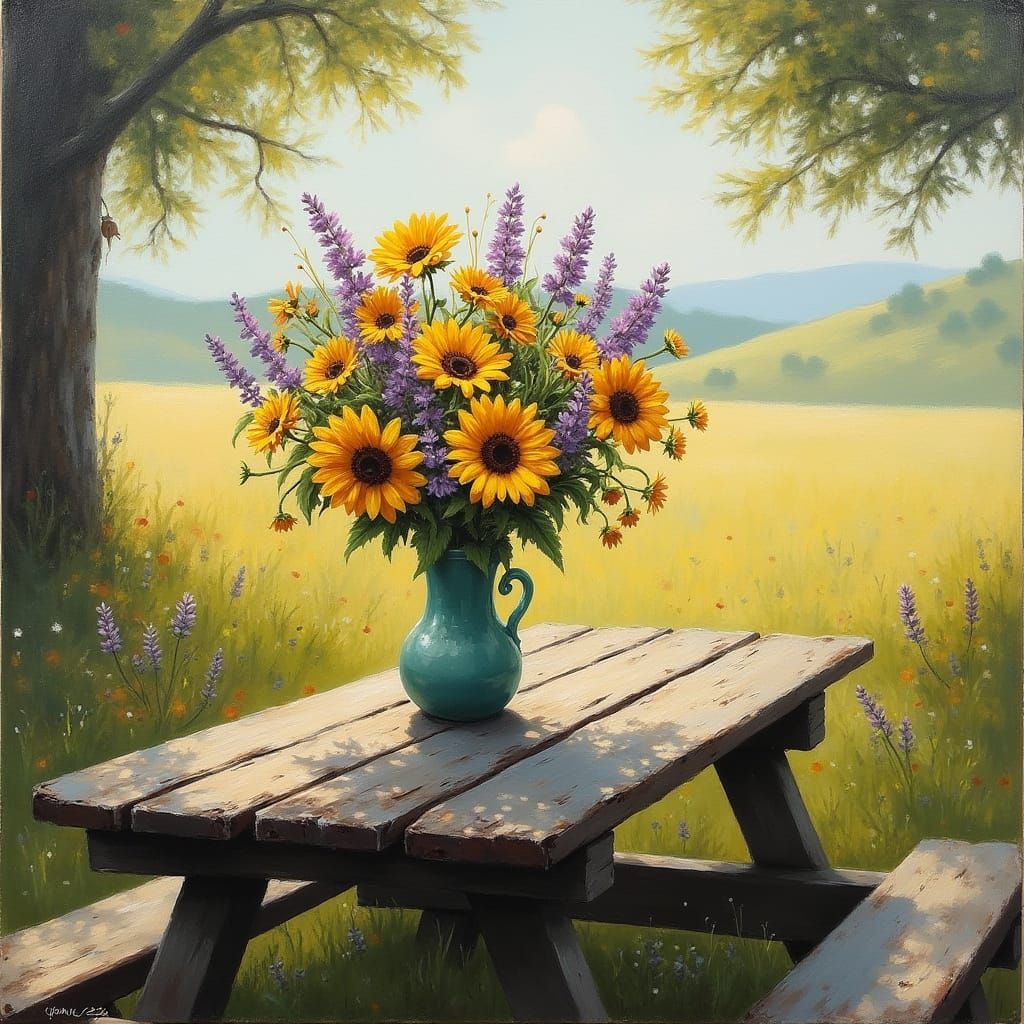 Whimsical Gritty Oil Painting of Rustic Picnic Table